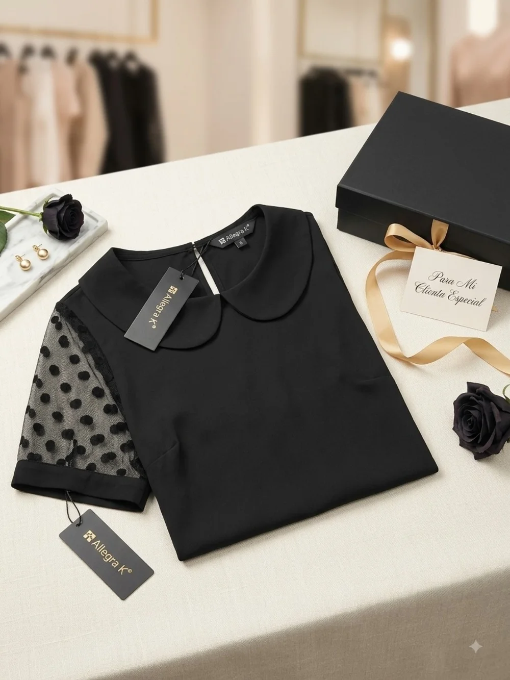 Allegra K Black Peter Pan Collar Blouse with Sheer Polka-Dot Sleeves